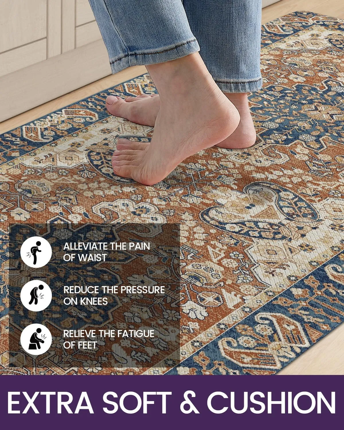 DEXI Kitchen Floor Mats Anti Fatigue, Cushioned Waterproof Runner Rug Boho Floral, 23x86 Extra Long Wide Standing Padded Non Slip for Farmhouse, Brown