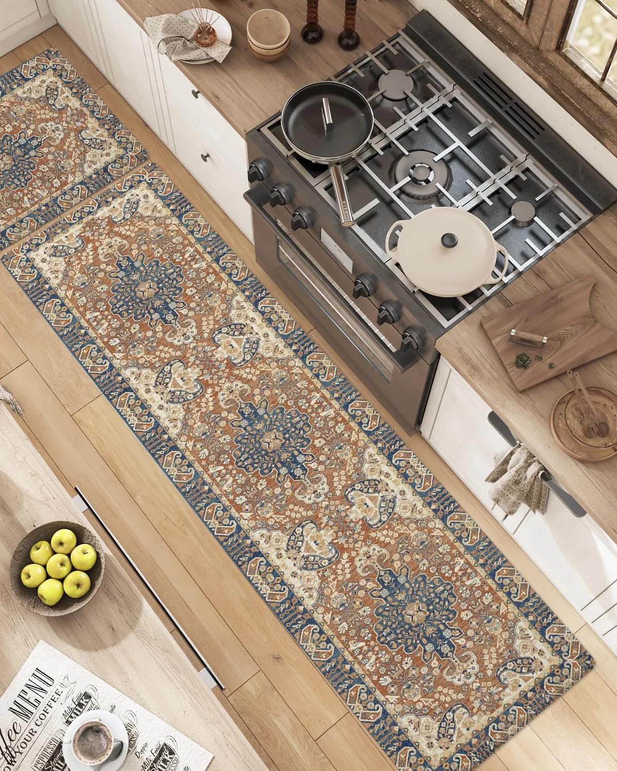 DEXI Kitchen Floor Mats Anti Fatigue, Cushioned Waterproof Runner Rug Boho Floral, 23x86 Extra Long Wide Standing Padded Non Slip for Farmhouse, Brown
