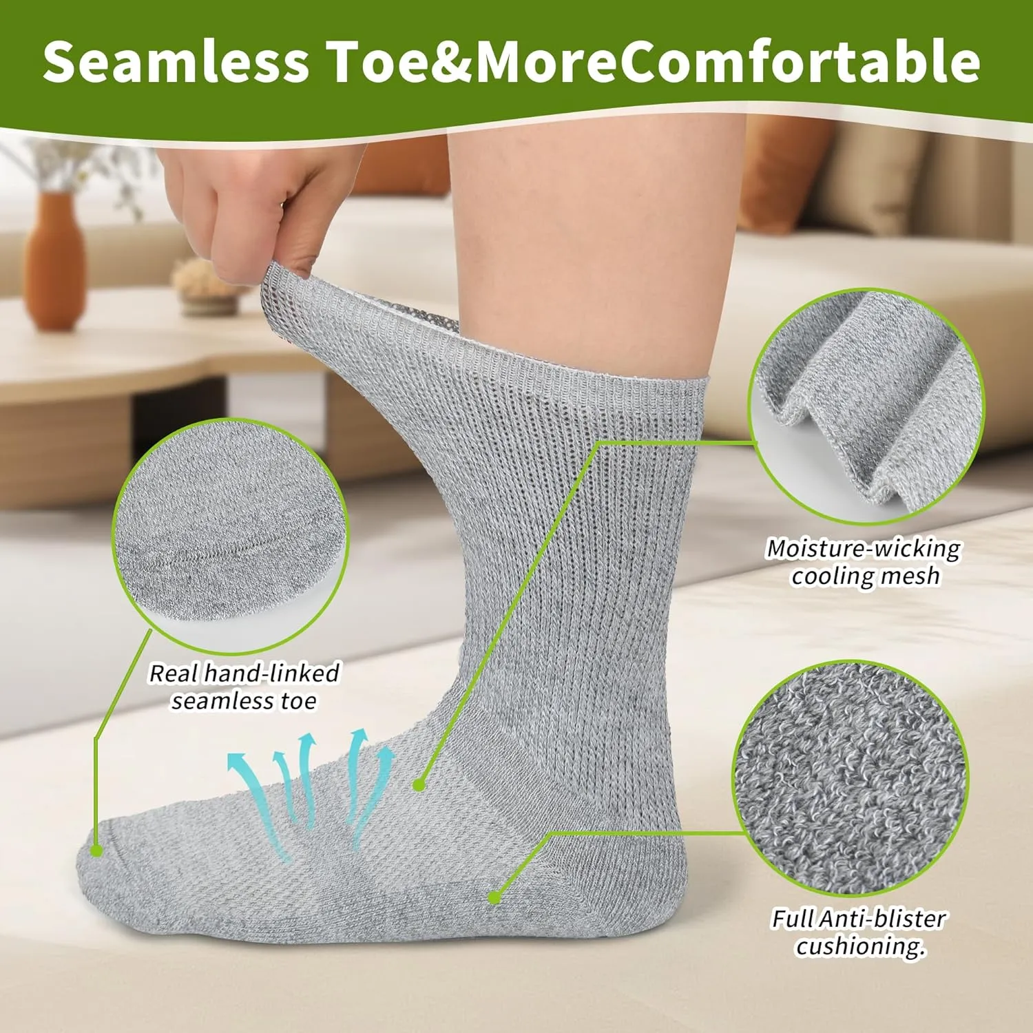 Diabetic Crew Socks for Men Women,Bamboo Viscose Non-Binding Loose Top Wide Socks with Seamless Toe 6-9 9-12
