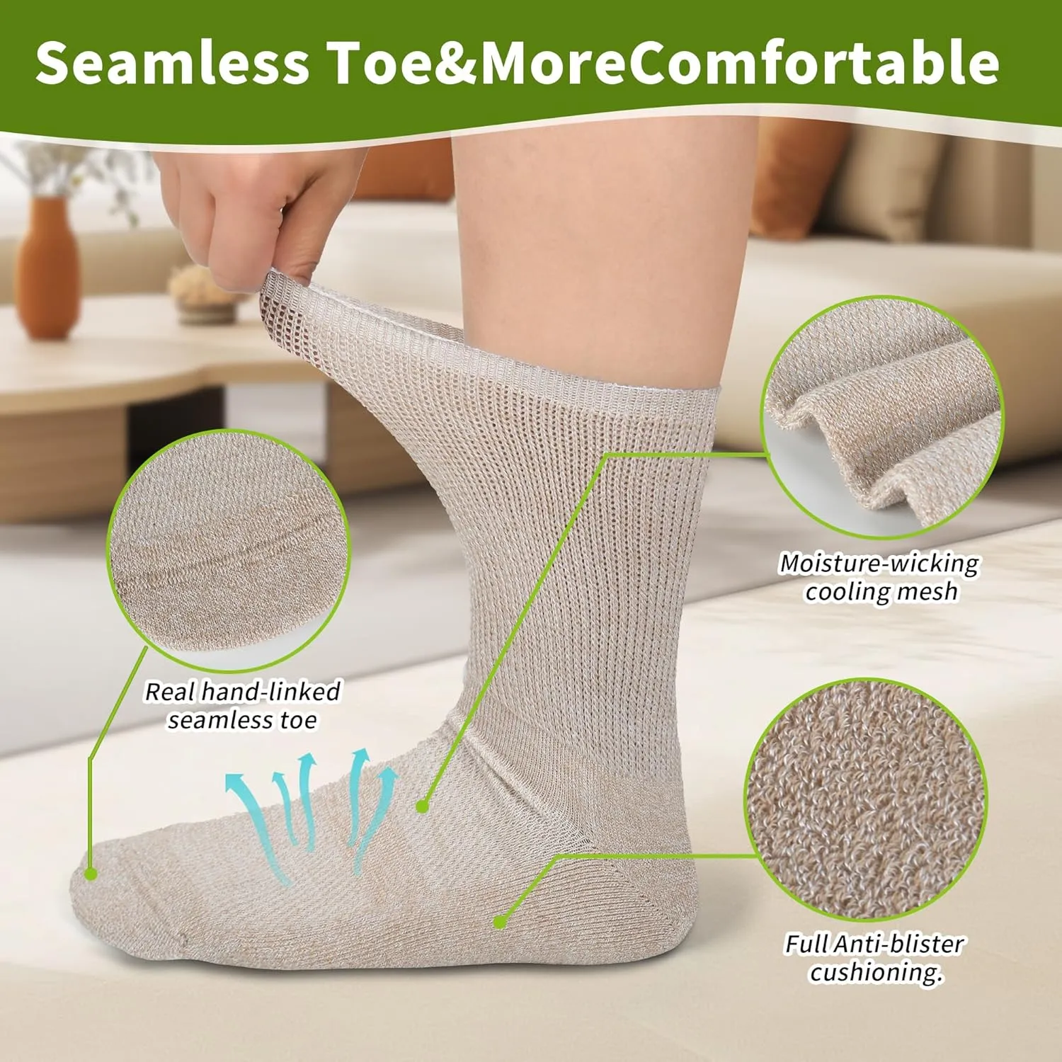 Diabetic Crew Socks for Men Women,Bamboo Viscose Non-Binding Loose Top Wide Socks with Seamless Toe 6-9 9-12
