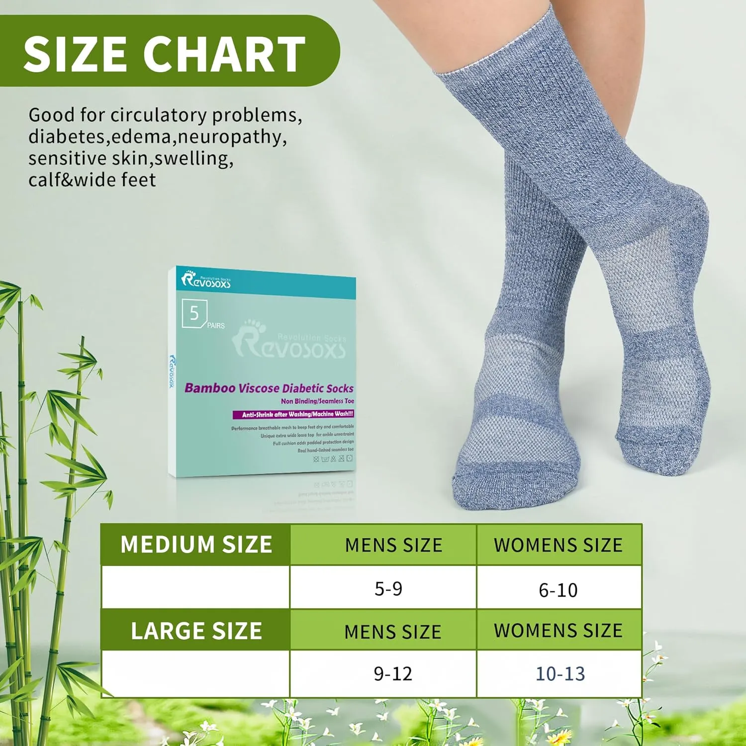 Diabetic Crew Socks for Men Women,Bamboo Viscose Non-Binding Loose Top Wide Socks with Seamless Toe 6-9 9-12