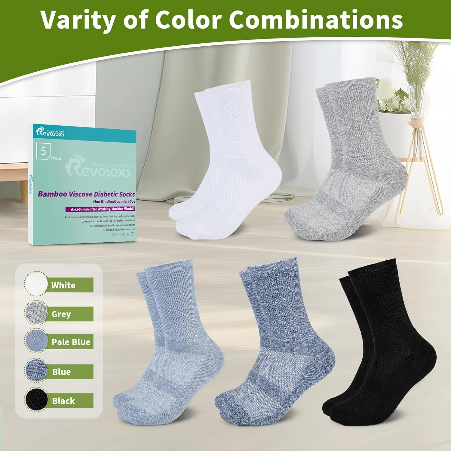 Diabetic Crew Socks for Men Women,Bamboo Viscose Non-Binding Loose Top Wide Socks with Seamless Toe 6-9 9-12