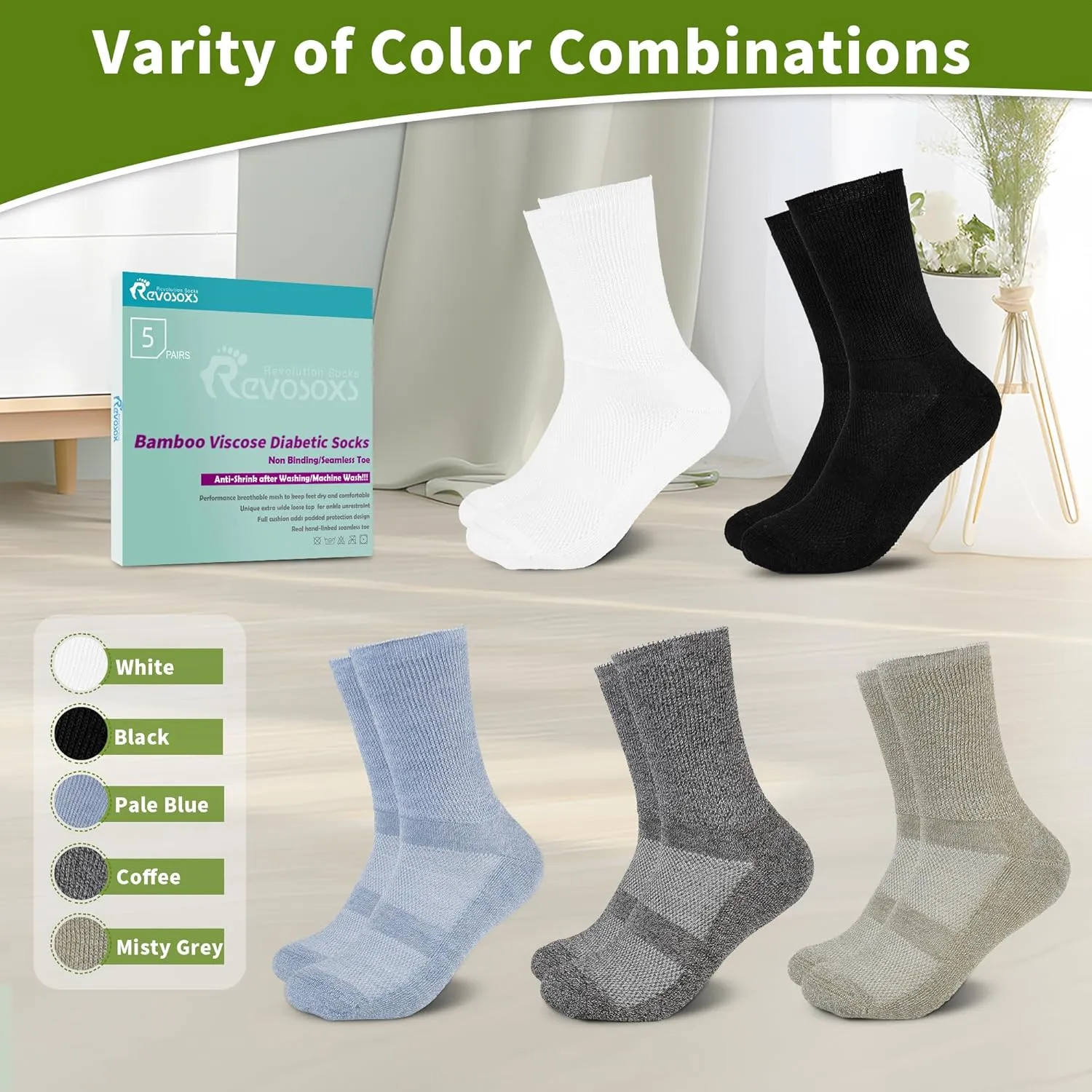 Diabetic Crew Socks for Men Women,Bamboo Viscose Non-Binding Loose Top Wide Socks with Seamless Toe 6-9 9-12