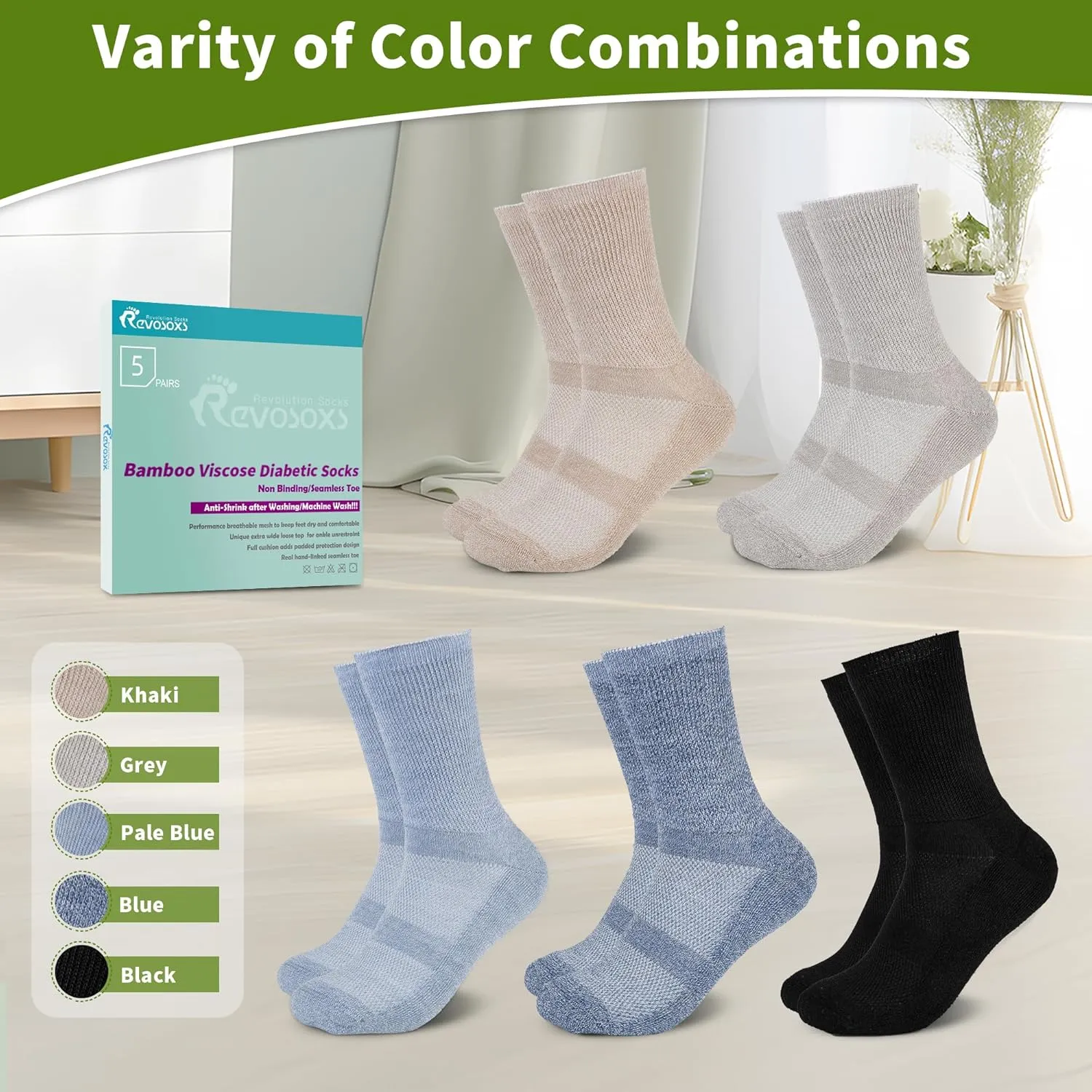 Diabetic Crew Socks for Men Women,Bamboo Viscose Non-Binding Loose Top Wide Socks with Seamless Toe 6-9 9-12