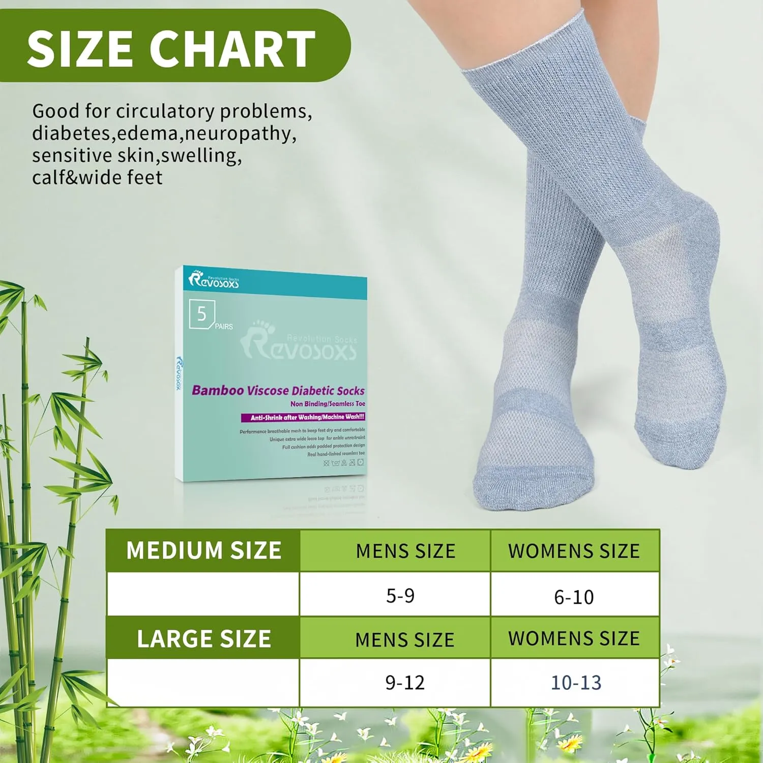 Diabetic Crew Socks for Men Women,Bamboo Viscose Non-Binding Loose Top Wide Socks with Seamless Toe 6-9 9-12