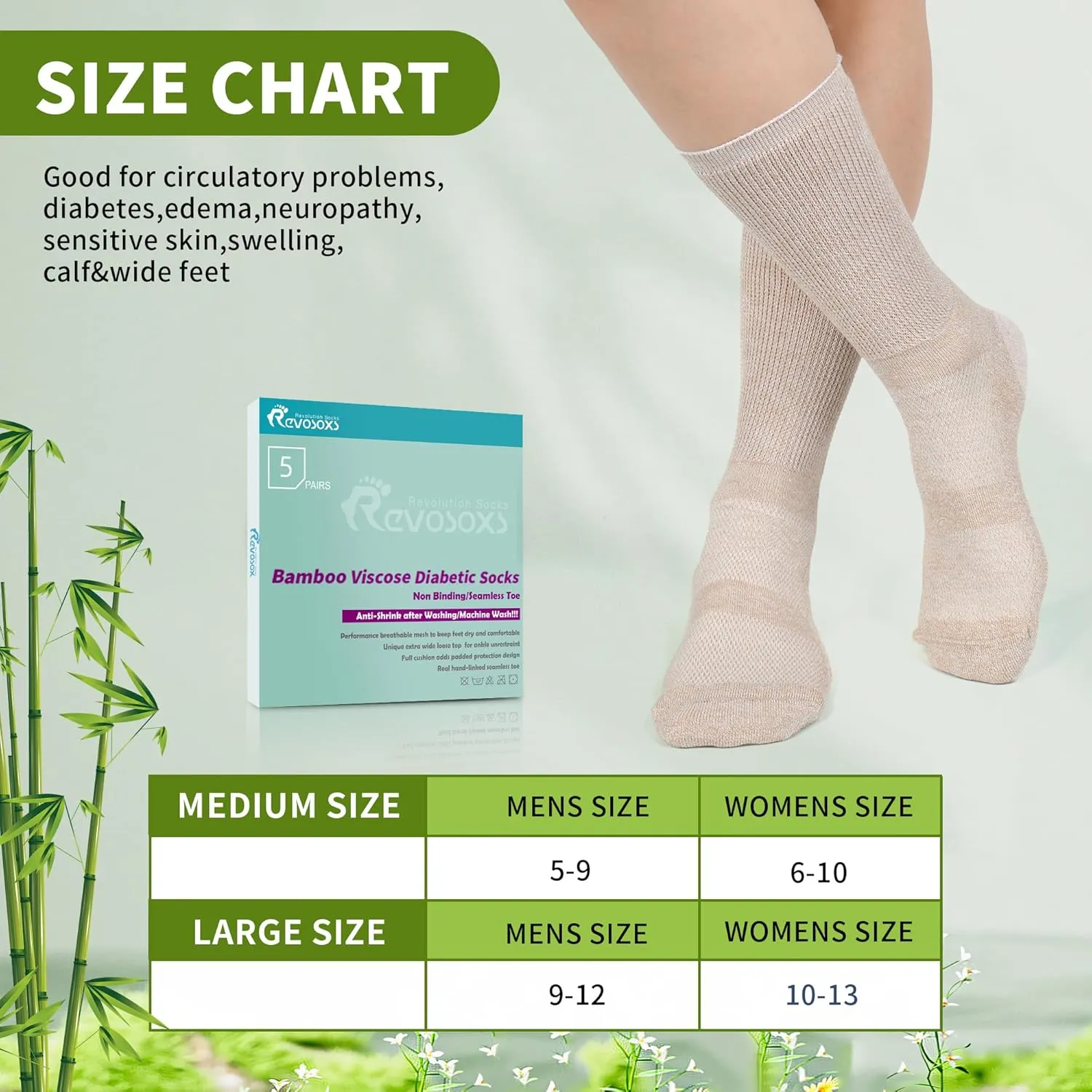Diabetic Crew Socks for Men Women,Bamboo Viscose Non-Binding Loose Top Wide Socks with Seamless Toe 6-9 9-12