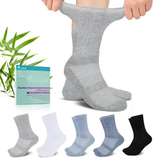 Diabetic Crew Socks for Men Women,Bamboo Viscose Non-Binding Loose Top Wide Socks with Seamless Toe 6-9 9-12