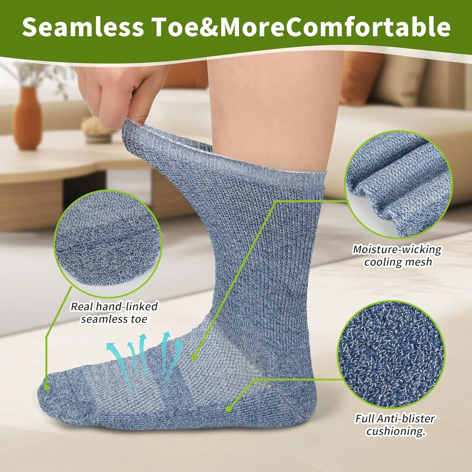 Diabetic Crew Socks for Men Women,Bamboo Viscose Non-Binding Loose Top Wide Socks with Seamless Toe 6-9 9-12