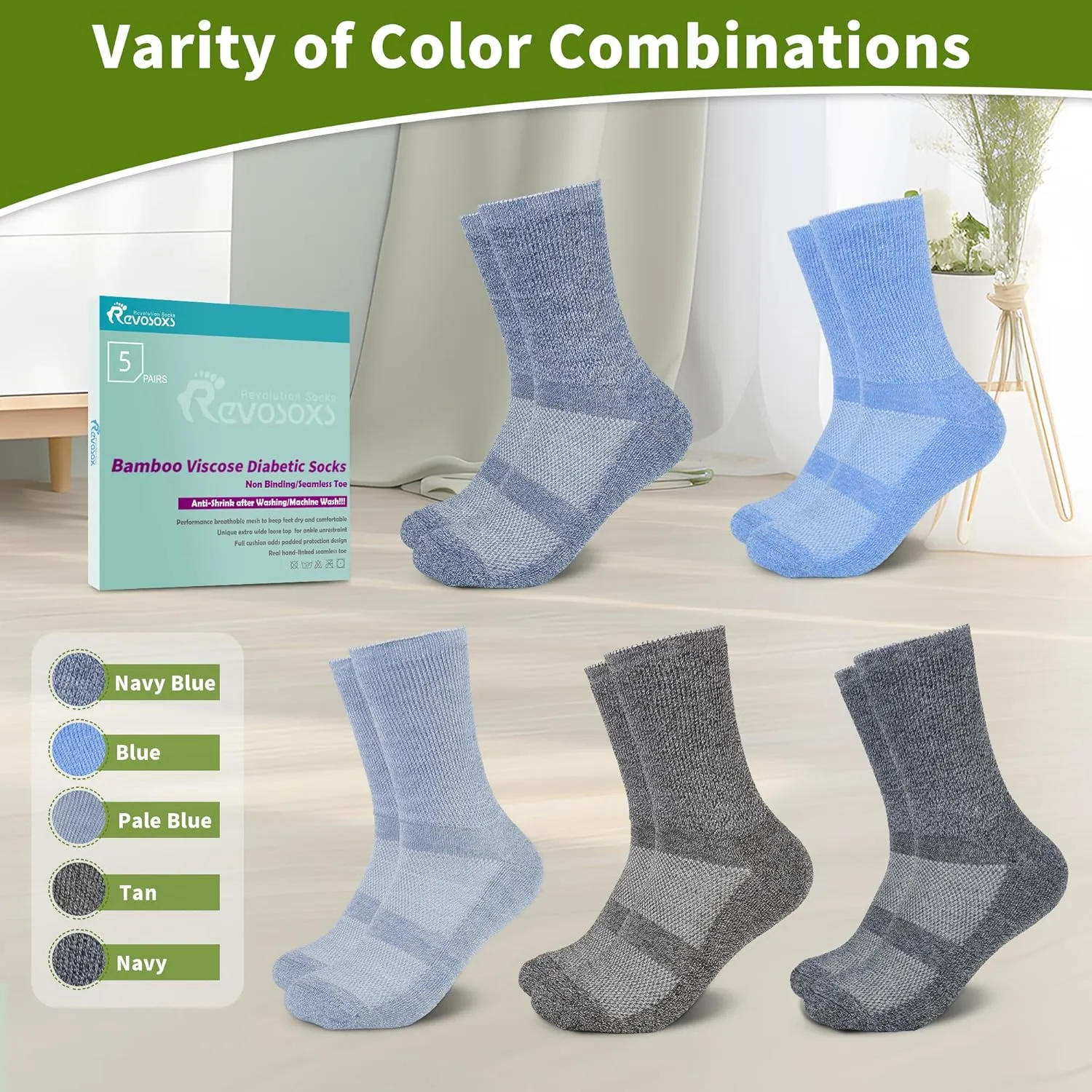 Diabetic Crew Socks for Men Women,Bamboo Viscose Non-Binding Loose Top Wide Socks with Seamless Toe 6-9 9-12