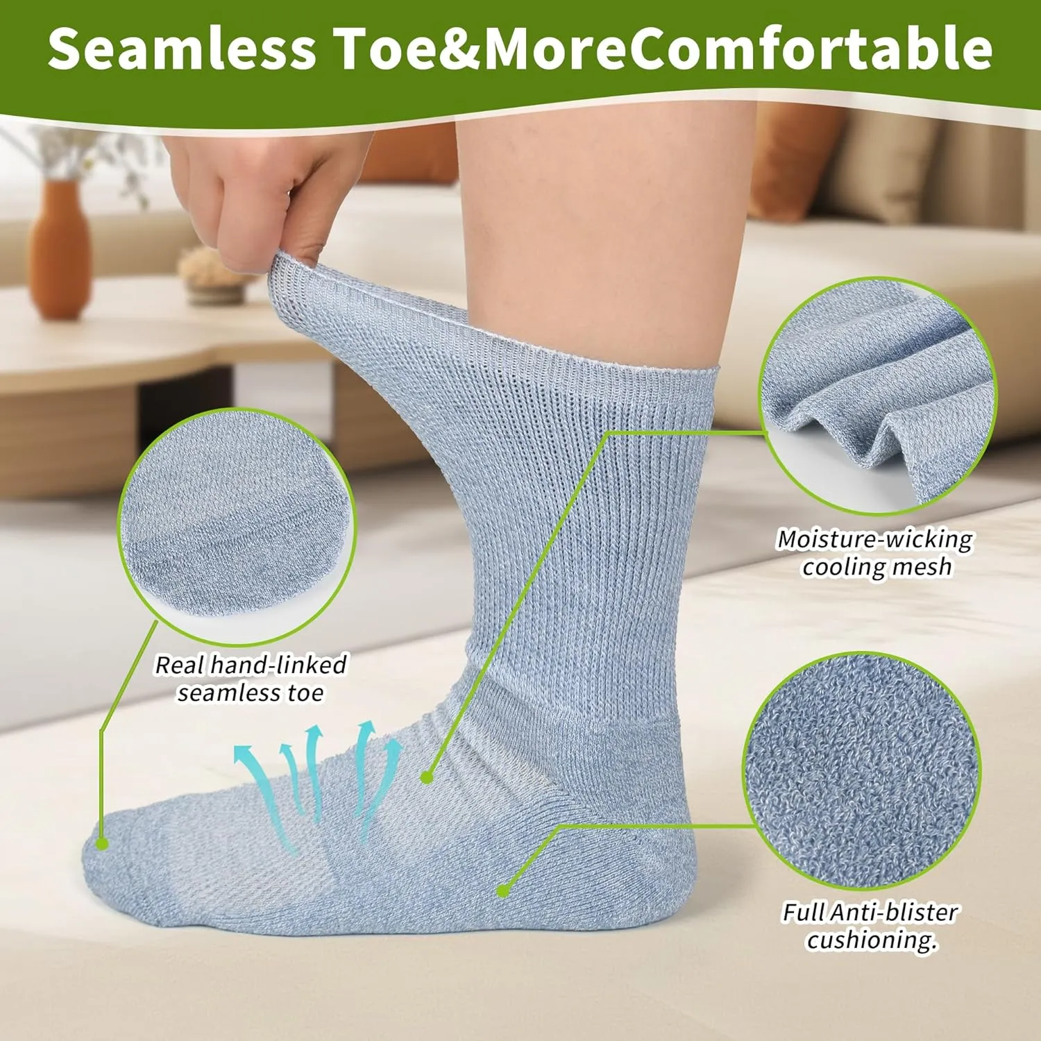 Diabetic Crew Socks for Men Women,Bamboo Viscose Non-Binding Loose Top Wide Socks with Seamless Toe 6-9 9-12