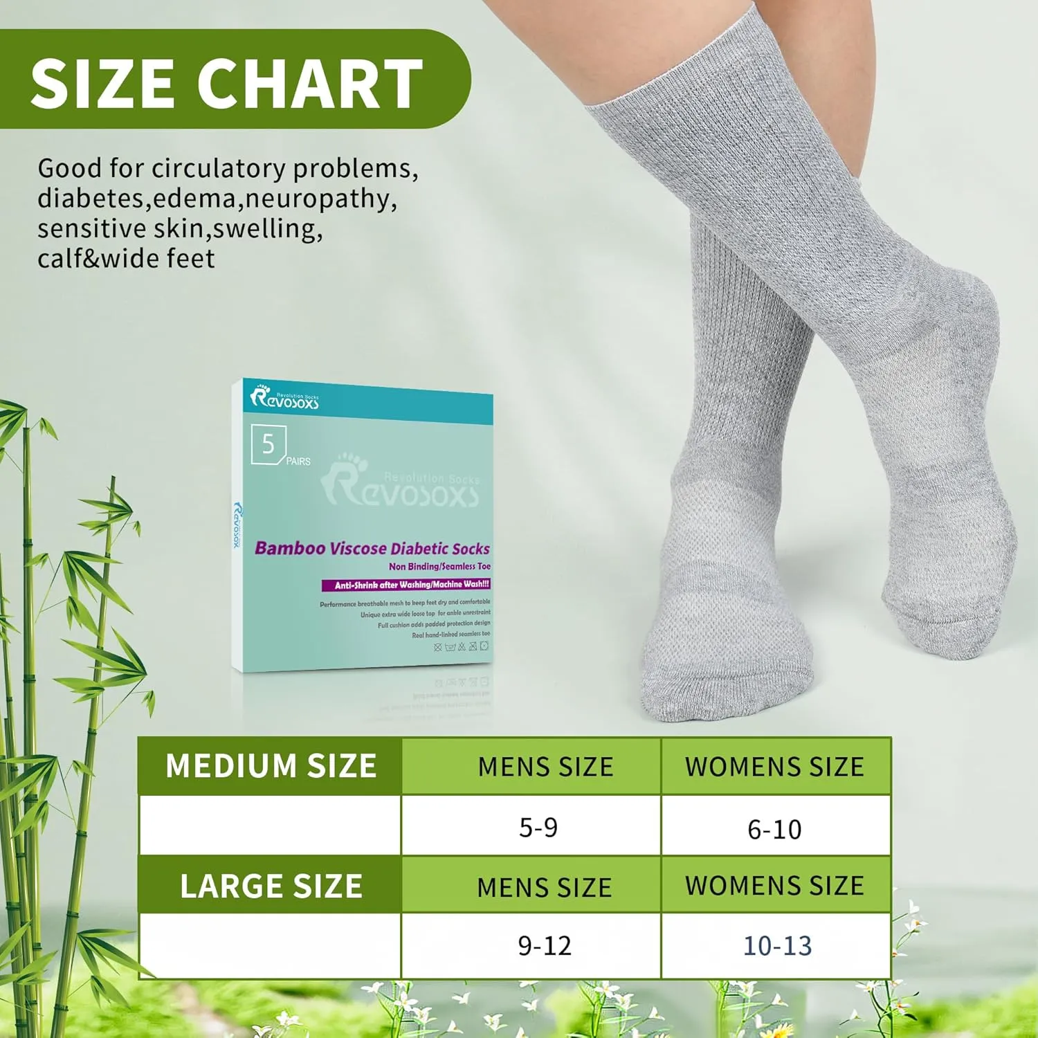 Diabetic Crew Socks for Men Women,Bamboo Viscose Non-Binding Loose Top Wide Socks with Seamless Toe 6-9 9-12