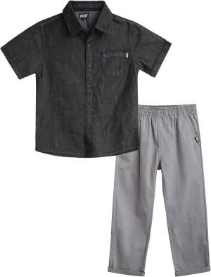DKNY Boys' Pants Set - 2 Piece Woven Short Sleeve Button Down Shirt and Canvas Pants - Outfit Set for Toddler Boys (2T-7)