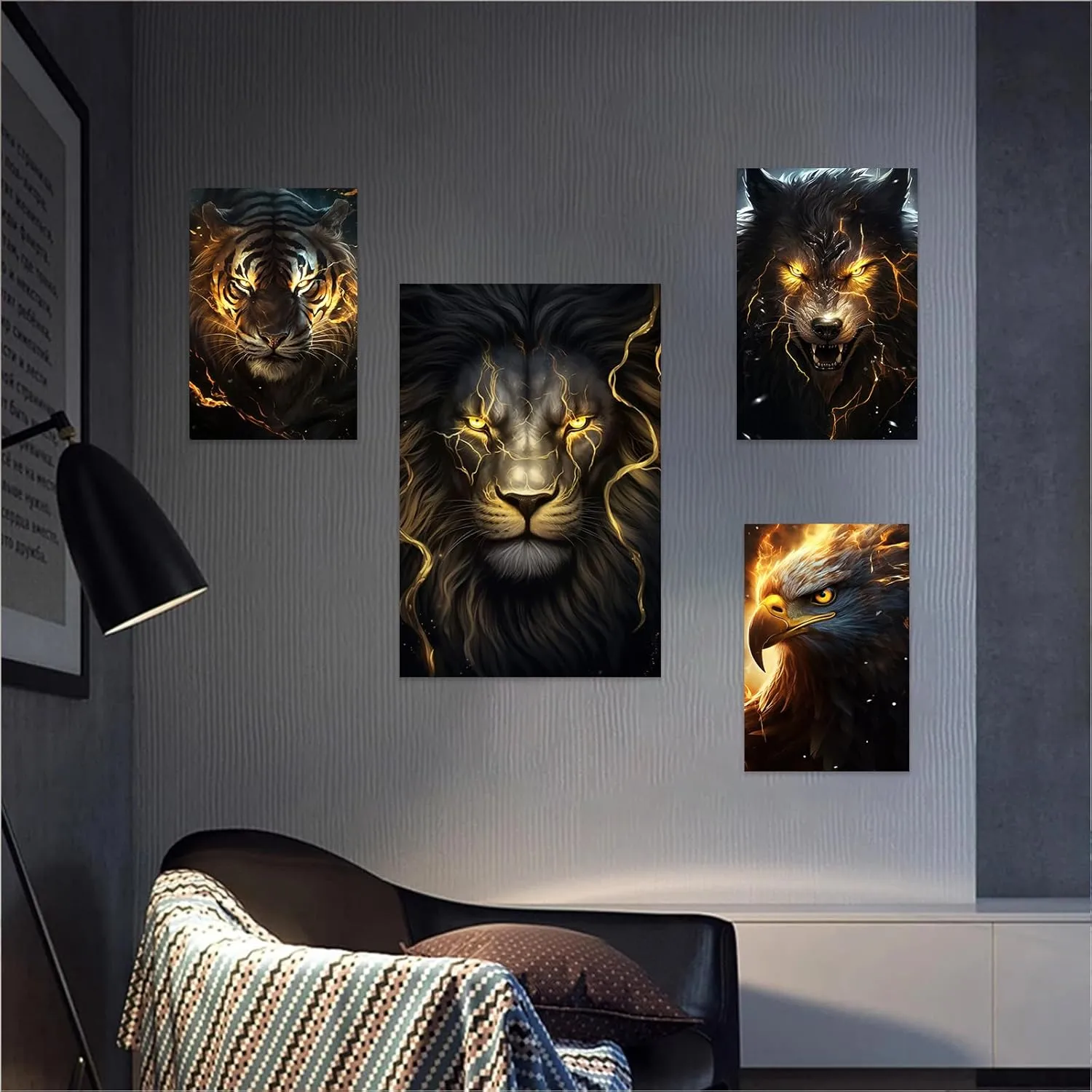 DOARTDO Lion Canvas Wall Art Black and Gold Animal Wall Decor Gold Eye Lion Picture Print Artwork for Living Room Bedroom Home Decor Framed (12.00" x 18.00", Lion)