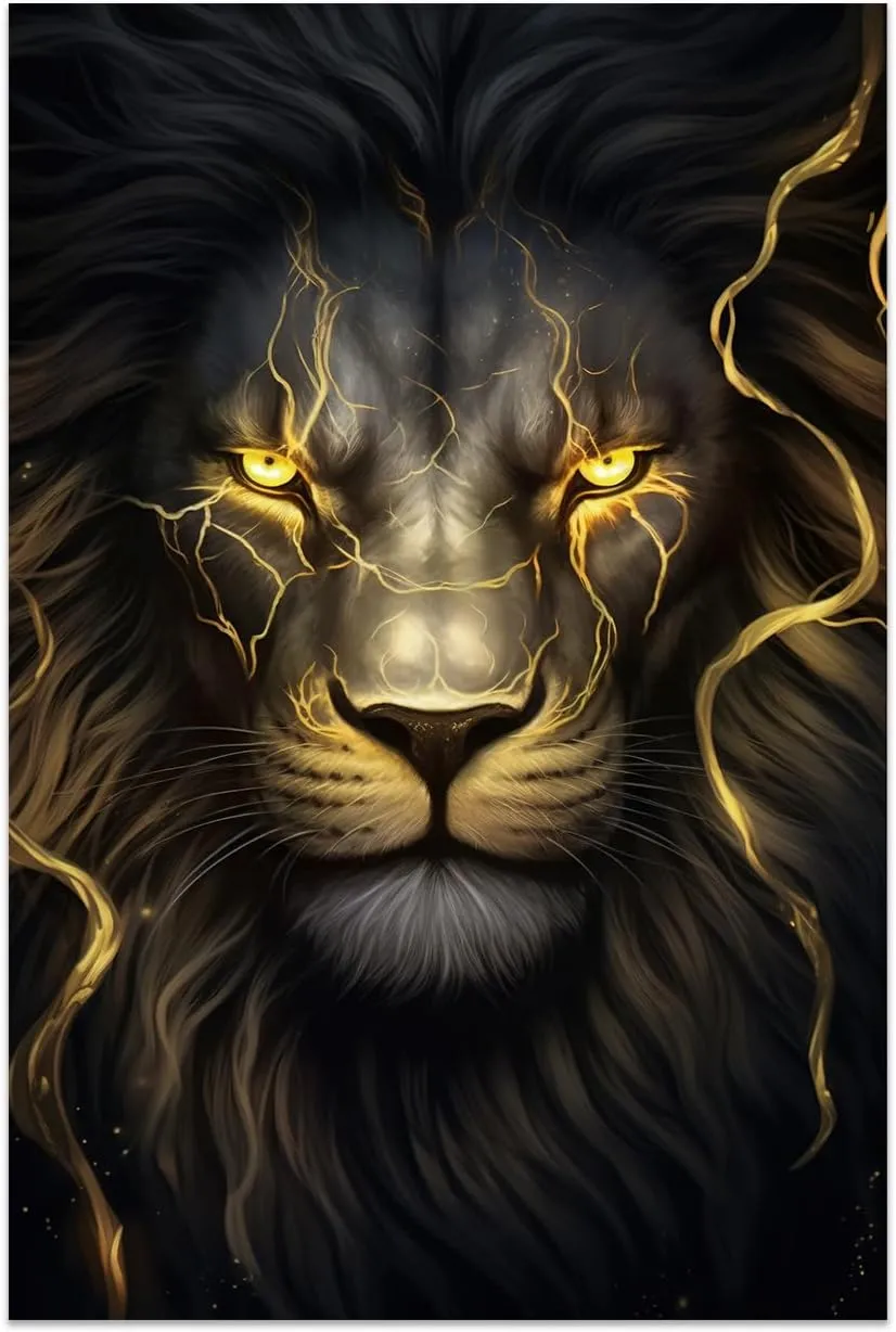 DOARTDO Lion Canvas Wall Art Black and Gold Animal Wall Decor Gold Eye Lion Picture Print Artwork for Living Room Bedroom Home Decor Framed (12.00" x 18.00", Lion)