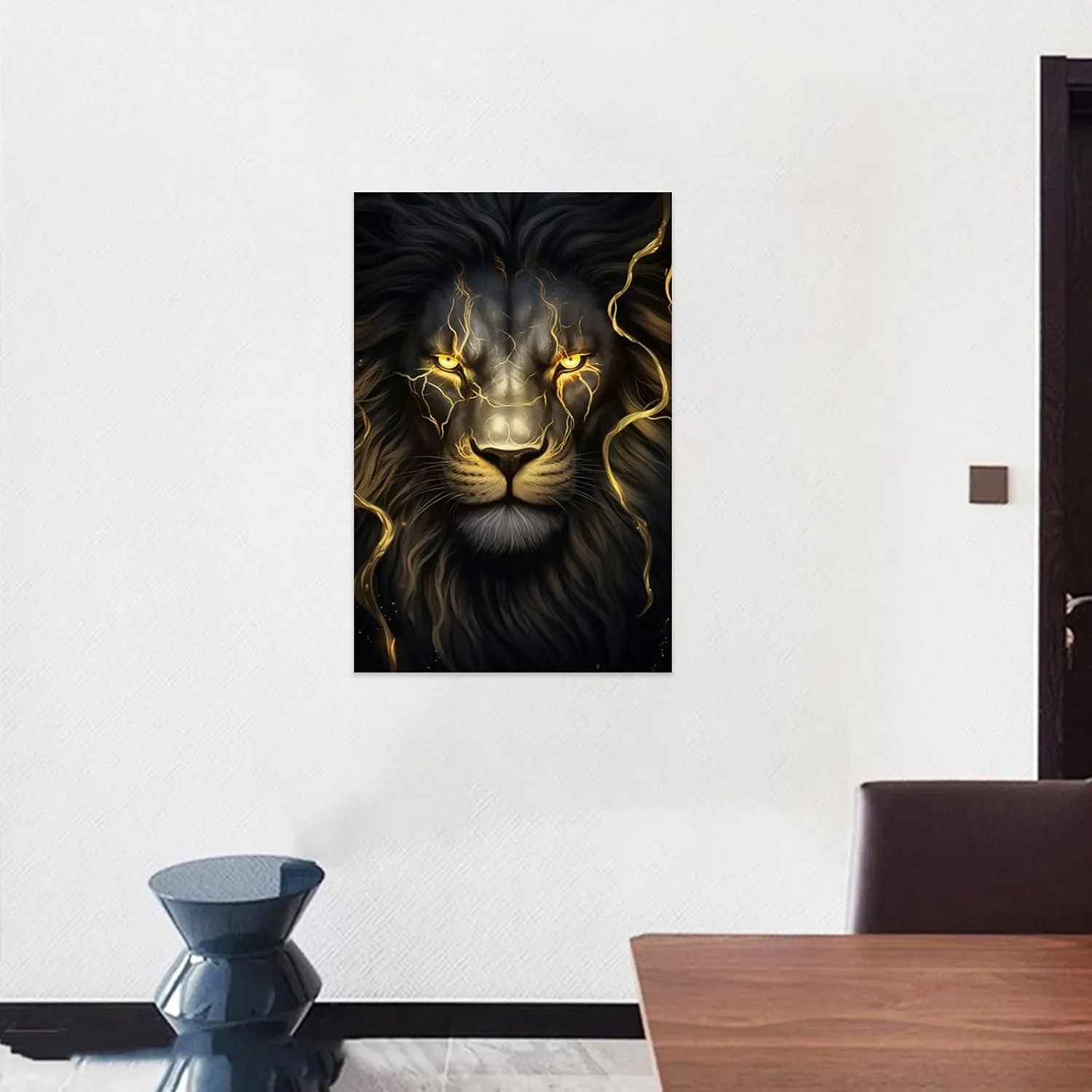 DOARTDO Lion Canvas Wall Art Black and Gold Animal Wall Decor Gold Eye Lion Picture Print Artwork for Living Room Bedroom Home Decor Framed (12.00" x 18.00", Lion)