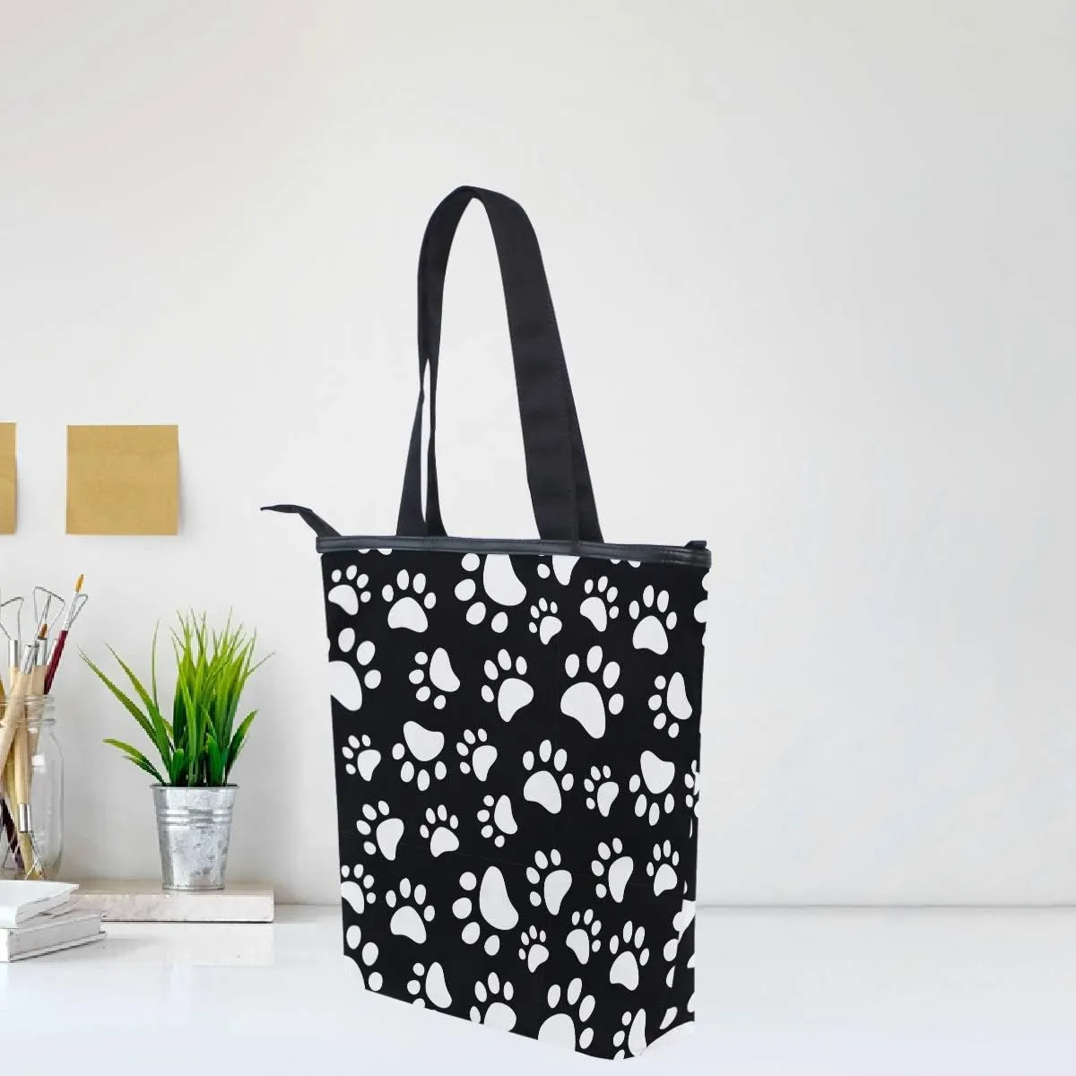 Dog Paws Canvas Tote Bag Cat Pet Footprints Animal Casual Shoulder Bag Handbag with Zipper, Eco-Friendly Reusable Grocery Shopping Bags for Women Girls