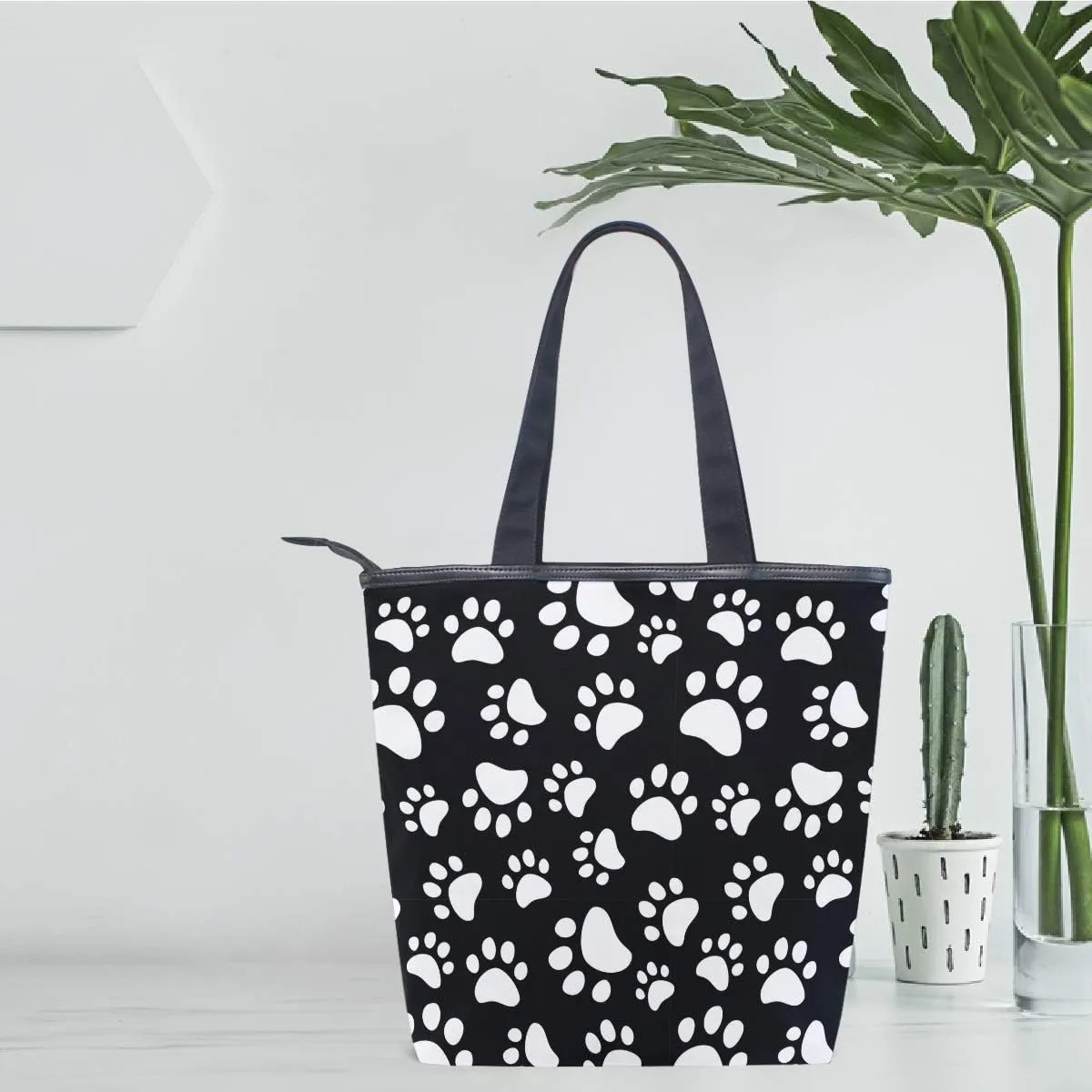 Dog Paws Canvas Tote Bag Cat Pet Footprints Animal Casual Shoulder Bag Handbag with Zipper, Eco-Friendly Reusable Grocery Shopping Bags for Women Girls