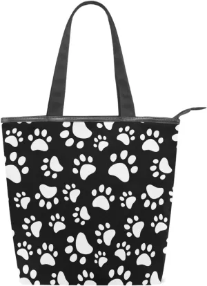Dog Paws Canvas Tote Bag Cat Pet Footprints Animal Casual Shoulder Bag Handbag with Zipper, Eco-Friendly Reusable Grocery Shopping Bags for Women Girls