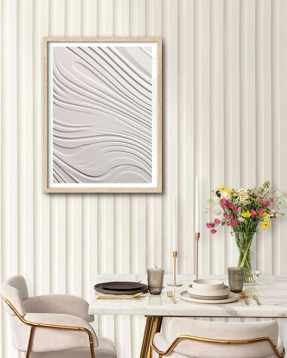 EcoHest Large 16x20in OAK Wood Framed Abstract Zen Wall Art, Soft Lines Flat Canvas with 3D Illusion, Minimalist Japandi Style Decor for Bedroom, Living Room, 1 Pack