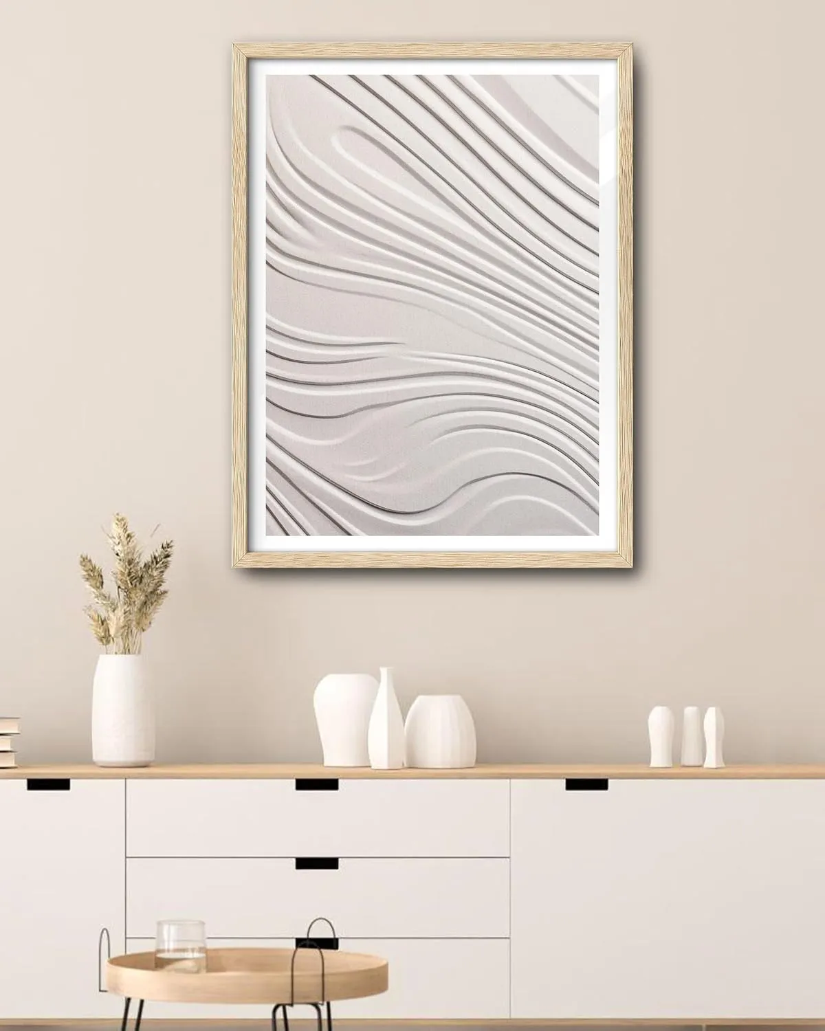 EcoHest Large 16x20in OAK Wood Framed Abstract Zen Wall Art, Soft Lines Flat Canvas with 3D Illusion, Minimalist Japandi Style Decor for Bedroom, Living Room, 1 Pack