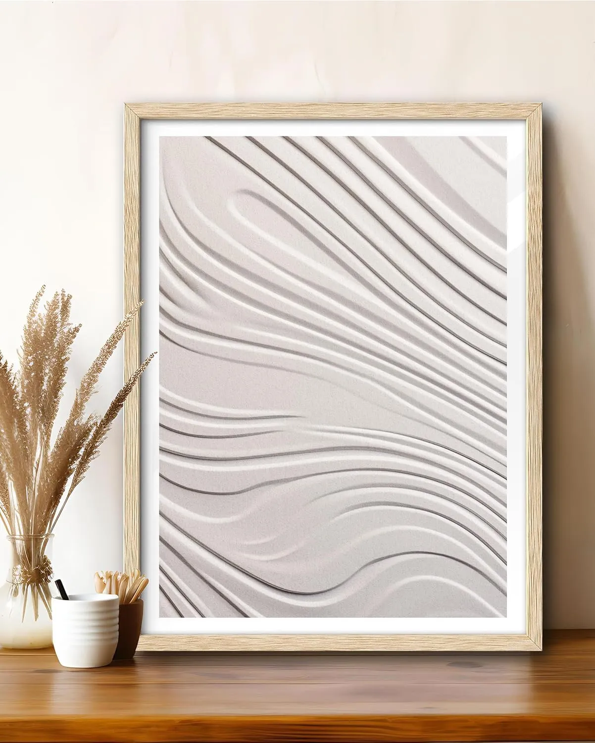 EcoHest Large 16x20in OAK Wood Framed Abstract Zen Wall Art, Soft Lines Flat Canvas with 3D Illusion, Minimalist Japandi Style Decor for Bedroom, Living Room, 1 Pack