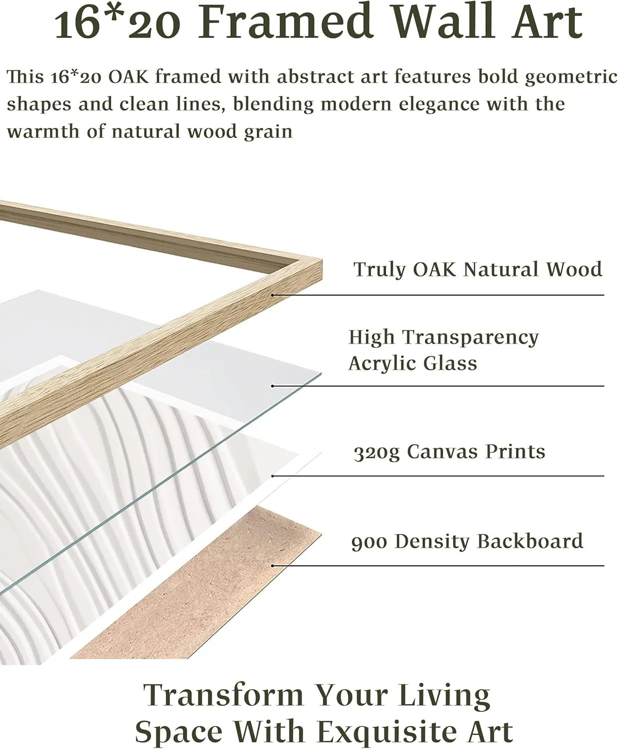 EcoHest Large 16x20in OAK Wood Framed Abstract Zen Wall Art, Soft Lines Flat Canvas with 3D Illusion, Minimalist Japandi Style Decor for Bedroom, Living Room, 1 Pack