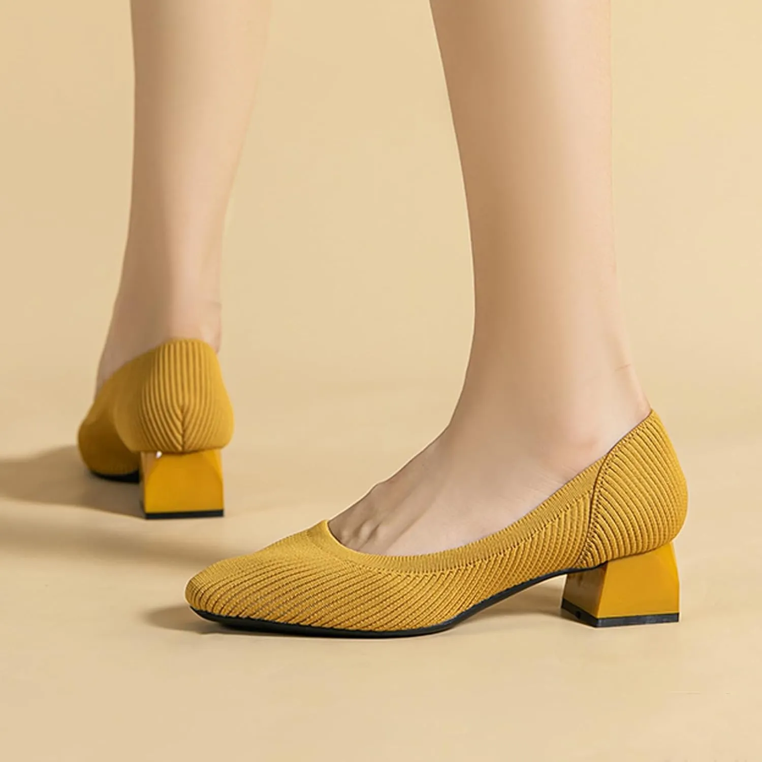 EFTCAL Women's Knit Chunky Heel Pumps Square Closed Toe Comfort Slip On Backless Low Block Heels Outdoor Casual Work Wedding Party Dress Shoes