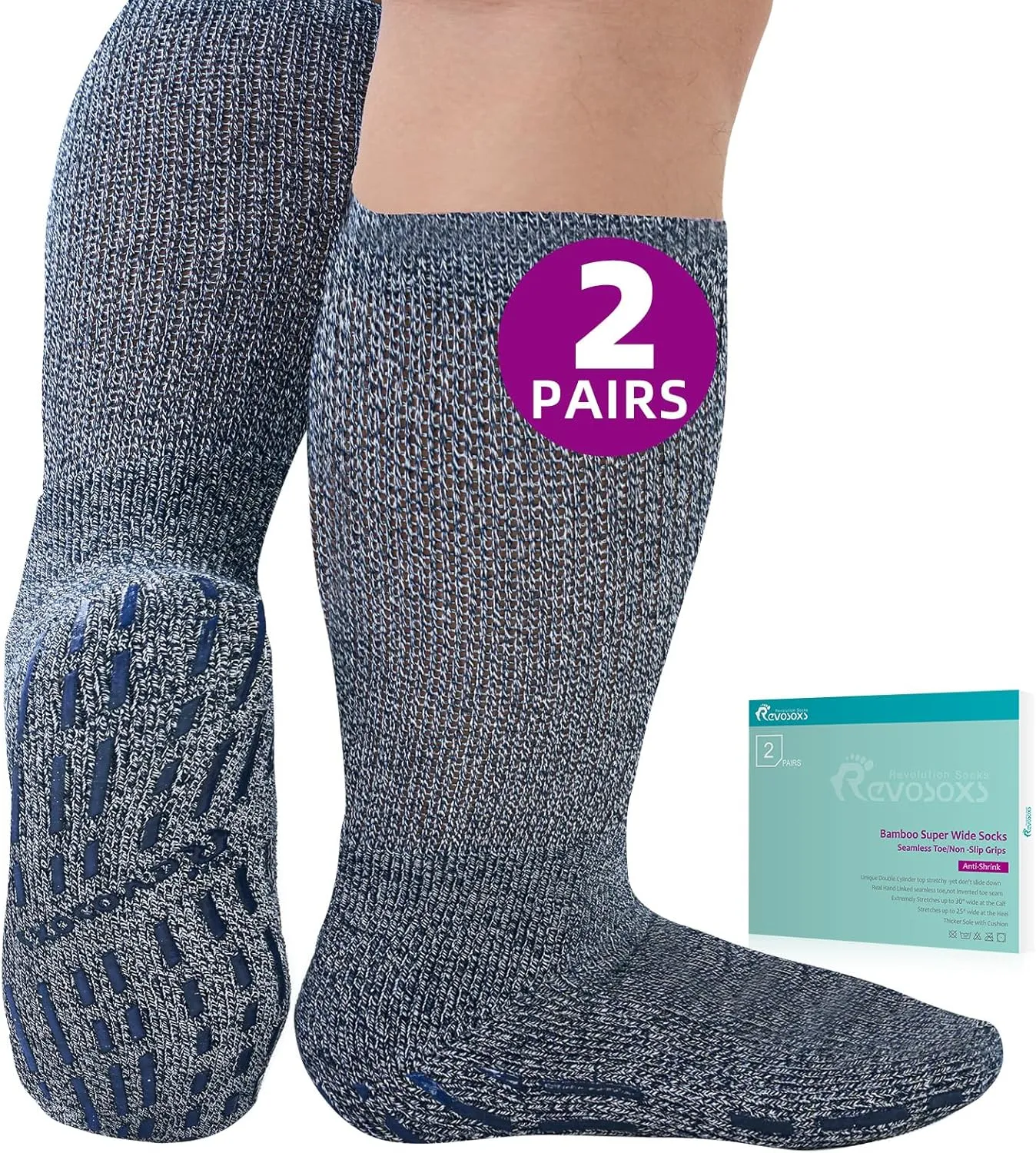 Extra Width Socks for Swollen Feet-2 Pairs Bamboo Viscose Wide Diabetic Socks for Women Men,Non Slip Hospital Socks