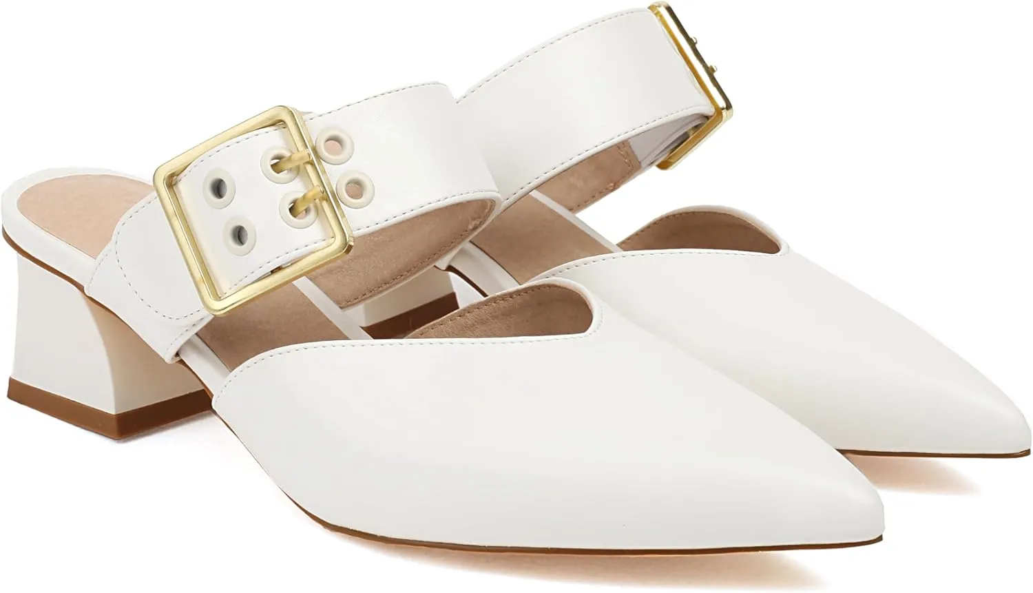 Feinlina Women’s White Buckle Pointed Toe Slippers Slingback with Straps Low Heel Casual Dress Shoes