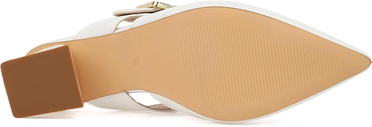 Feinlina Women’s White Buckle Pointed Toe Slippers Slingback with Straps Low Heel Casual Dress Shoes