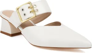 Feinlina Women’s White Buckle Pointed Toe Slippers Slingback with Straps Low Heel Casual Dress Shoes