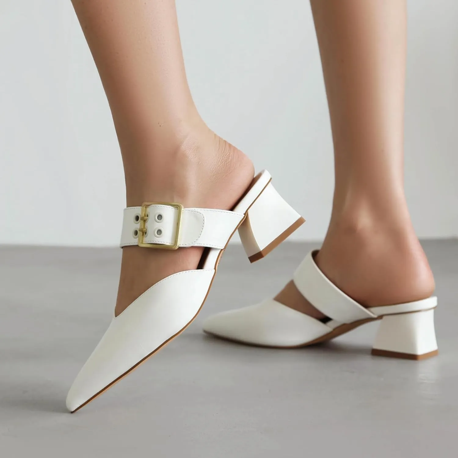 Feinlina Women’s White Buckle Pointed Toe Slippers Slingback with Straps Low Heel Casual Dress Shoes