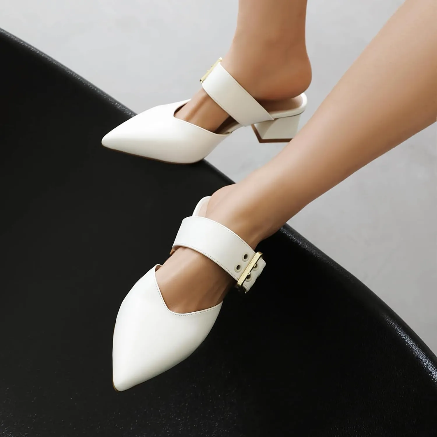 Feinlina Women’s White Buckle Pointed Toe Slippers Slingback with Straps Low Heel Casual Dress Shoes