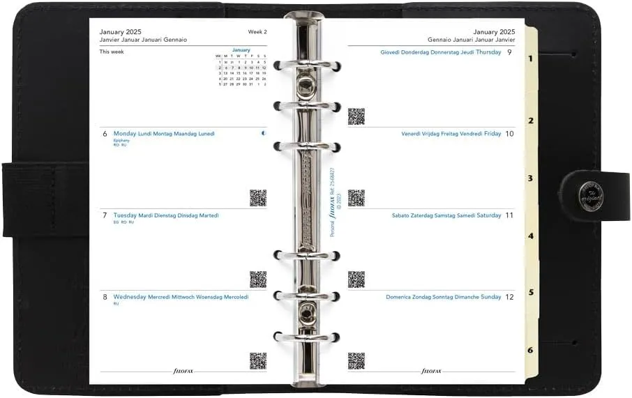 Filofax The Original Organizer, Personal Size, Black - Leather, Six Rings, Week-to-View Calendar Diary, Multilingual, 2025 (C022508-25)