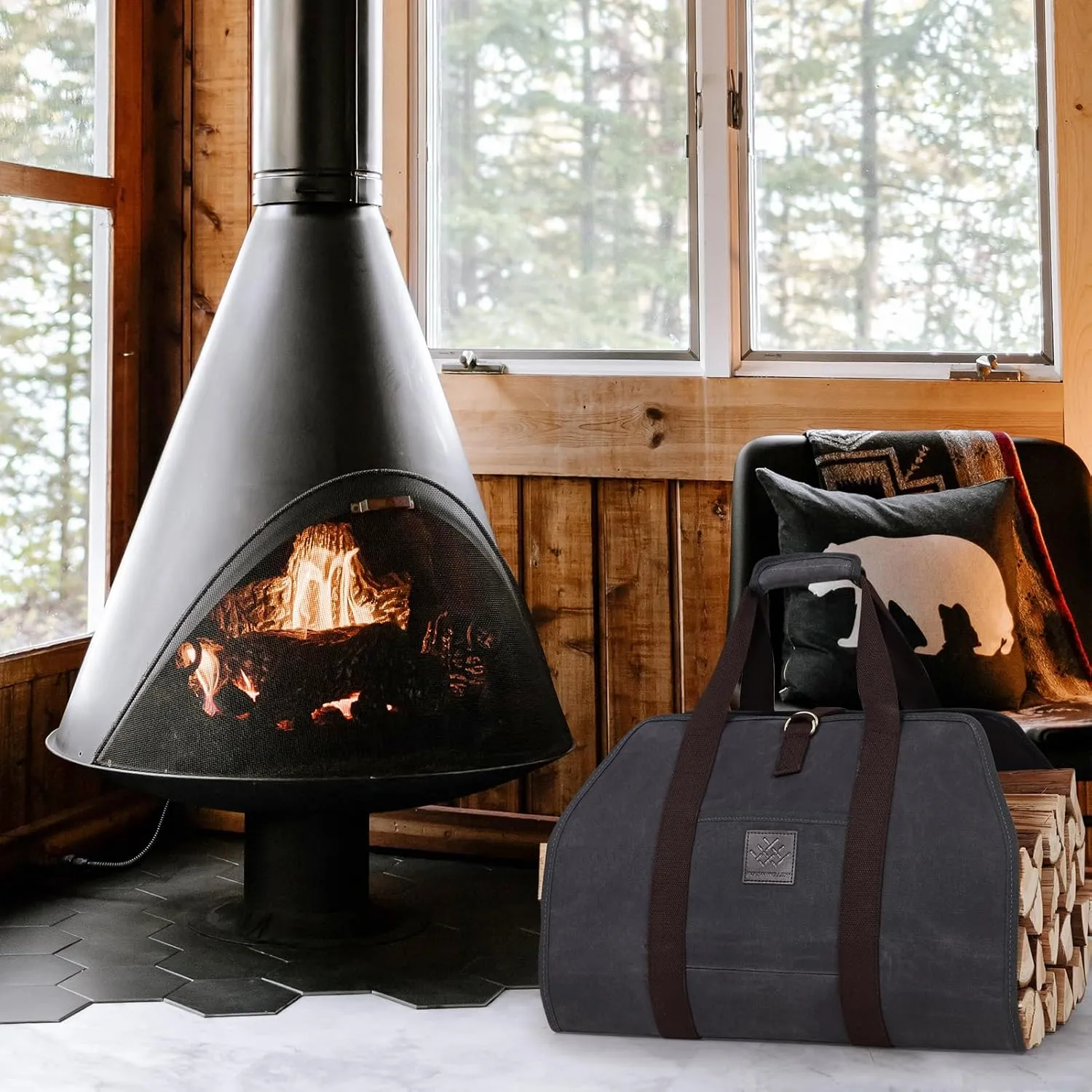 Firewood Carrier Bag 40" L x 19" W, Water-Resistance Log Carrier for Firewood with Padded Handle, Front Pocket & Foldable Design - Dark Grey