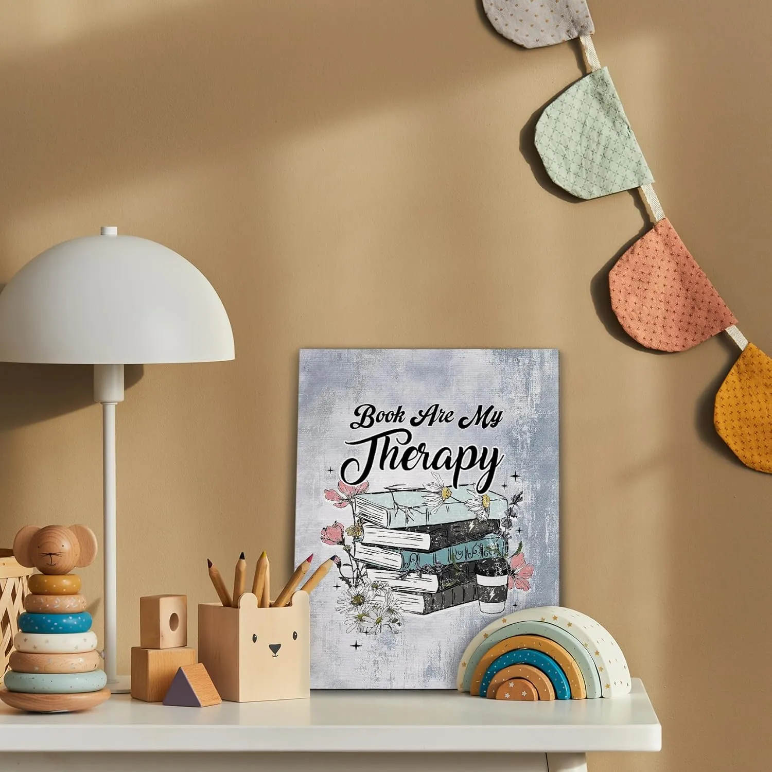 FITIE Retro Floral Book Canvas Wall Art Poster, Reading Nook Corner Decor, Book are My Therapy Framed Artwork Prints Wall Decor for Home Library Reading Room Classroom, 11x14 Inch