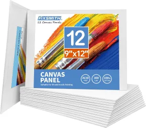 FIXSMITH Canvas Boards for Painting 9x12 Inch, Super Value 12 Pack White Blank Canvas Panels, 100% Cotton Primed, Painting Art Supplies for Professionals, Hobby Painters, Students & Kids