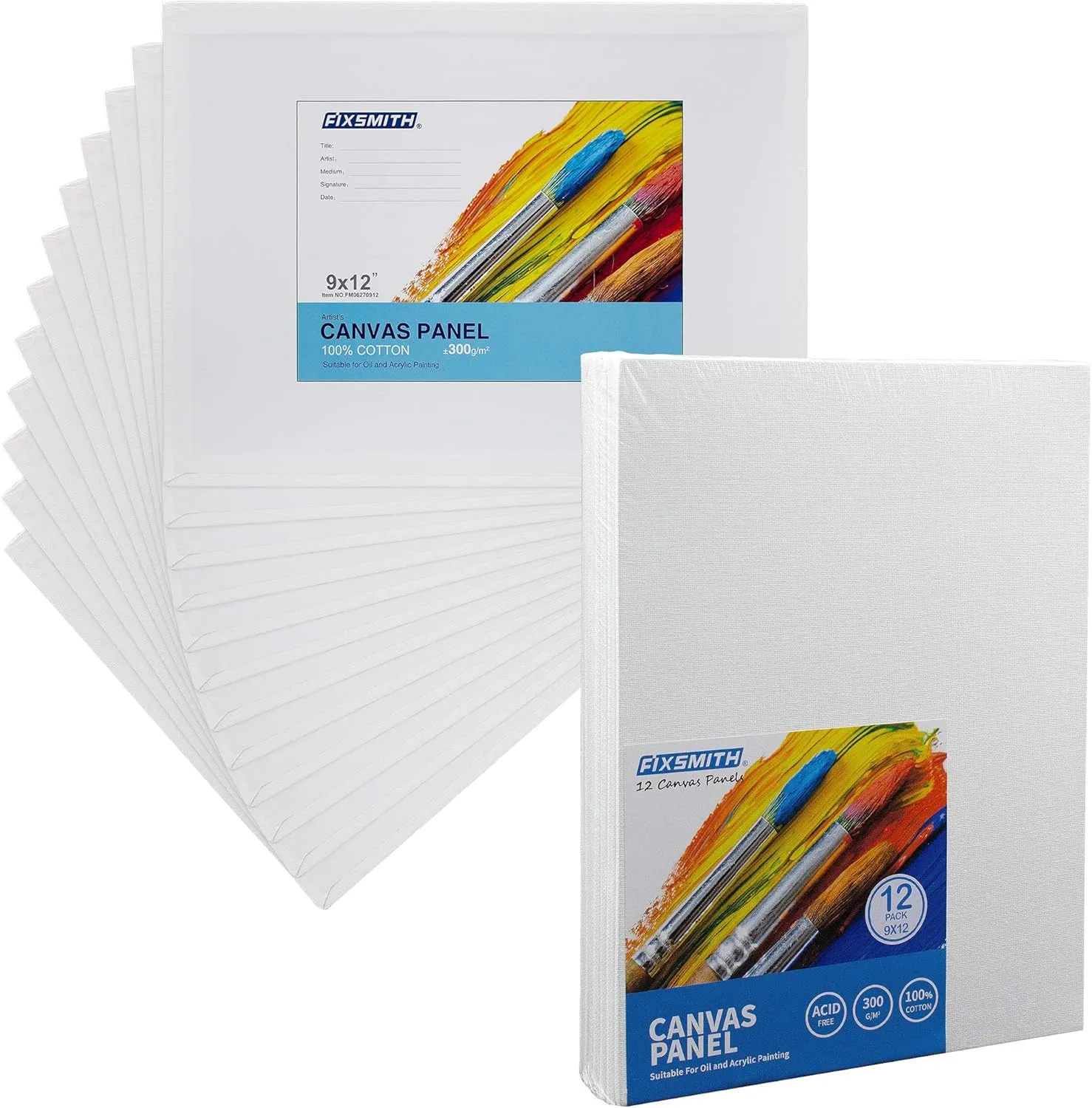 FIXSMITH Canvas Boards for Painting 9x12 Inch, Super Value 12 Pack White Blank Canvas Panels, 100% Cotton Primed, Painting Art Supplies for Professionals, Hobby Painters, Students & Kids