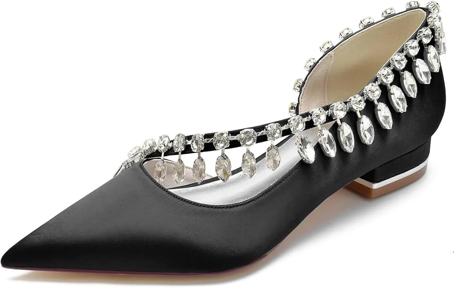 Flat Wedding Shoes for Bride Pointed Toe Satin Mary Jane Rhinestone Ballet Flats Bridal Prom Bridesmaid Slip on Pumps