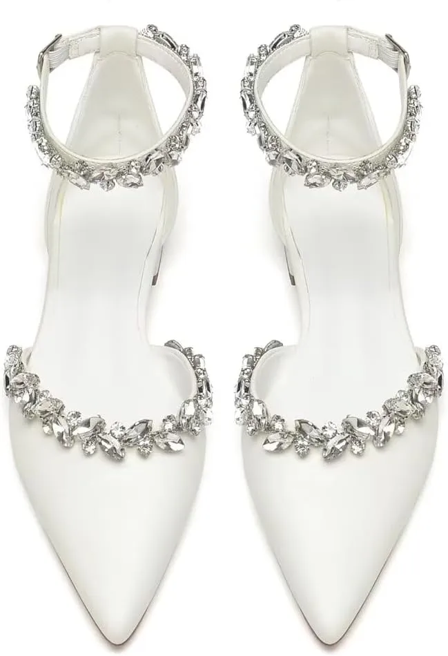 Flat Wedding Shoes for Bride Rhinestones Pointed Toe Ankle Strap Bridal Flats Women Formal Shoes