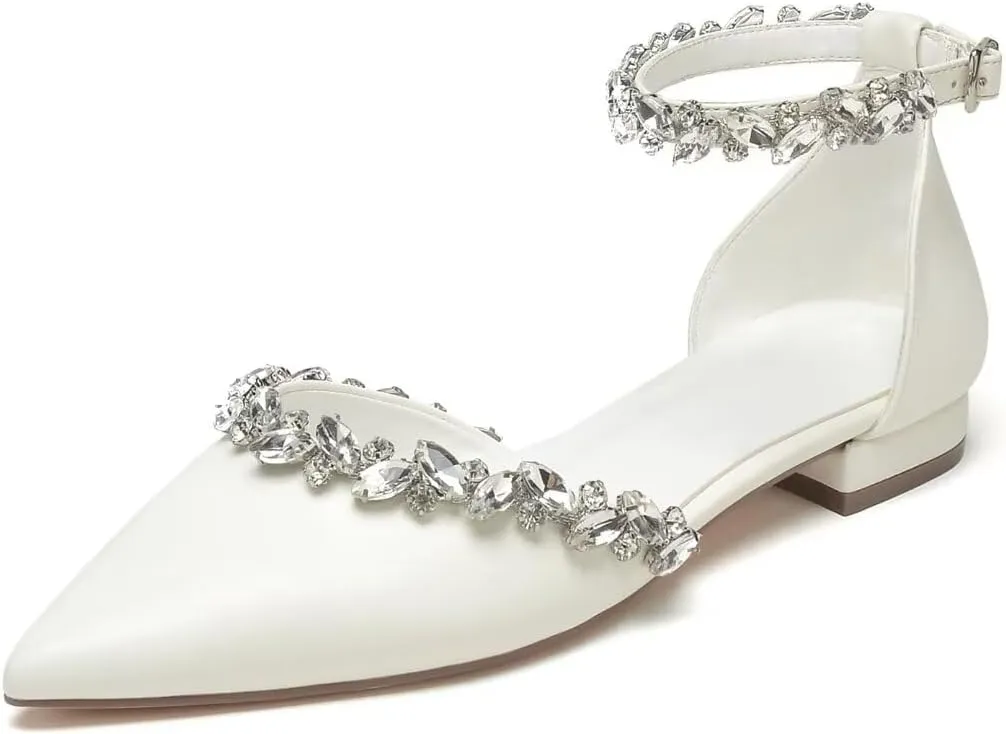 Flat Wedding Shoes for Bride Rhinestones Pointed Toe Ankle Strap Bridal Flats Women Formal Shoes