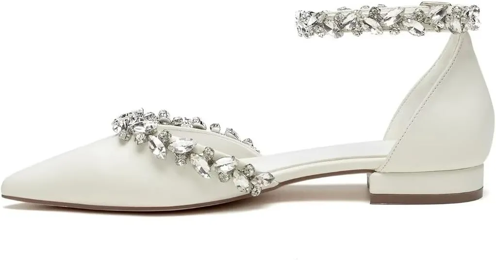 Flat Wedding Shoes for Bride Rhinestones Pointed Toe Ankle Strap Bridal Flats Women Formal Shoes