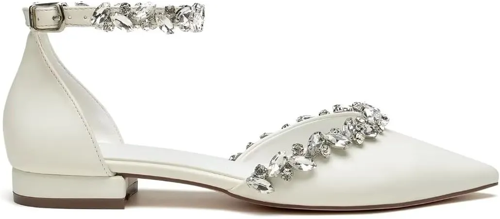 Flat Wedding Shoes for Bride Rhinestones Pointed Toe Ankle Strap Bridal Flats Women Formal Shoes