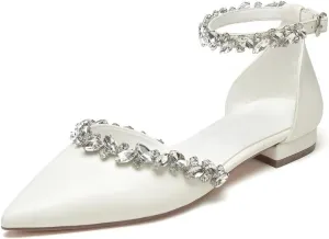 Flat Wedding Shoes for Bride Rhinestones Pointed Toe Ankle Strap Bridal Flats Women Formal Shoes
