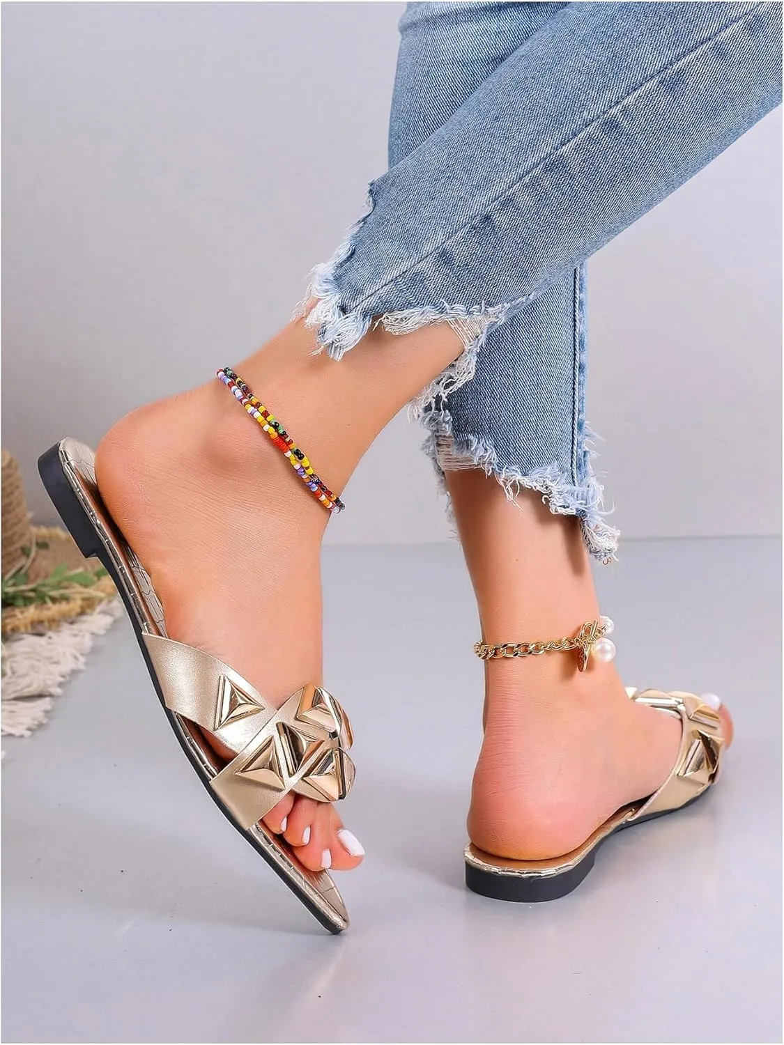 Floerns Women's Pointed Open Toe Flat Sandal PU Leather Wedding Dressy Shoe