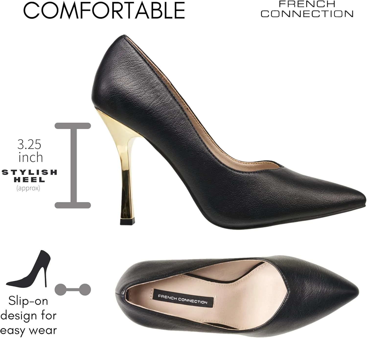 French Connection Women's Heels Pumps Pointed Toe Stiletto High Heels Slip On Comfy Wedding Office Work Dress Shoes for Women with Cushioned Insole & Designed Heel