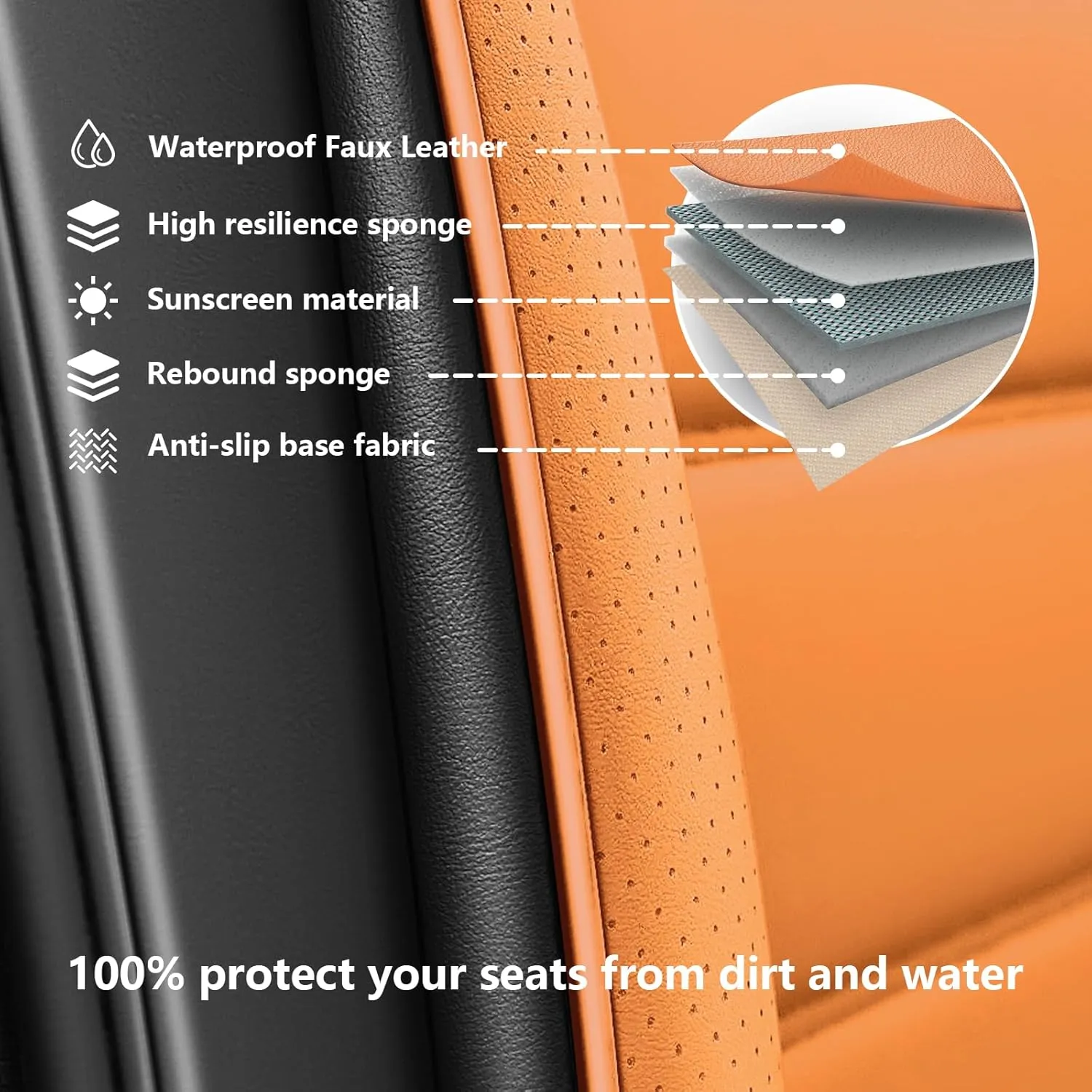 Full Set Car Seat Covers for Chevy Silverado 1500/2500/3500 LT WT LTZ RST Custom Trail High Country Seat Covers 2008-2025, Leather Seat Protectors(Standard 5 Seats/Black&Orange)