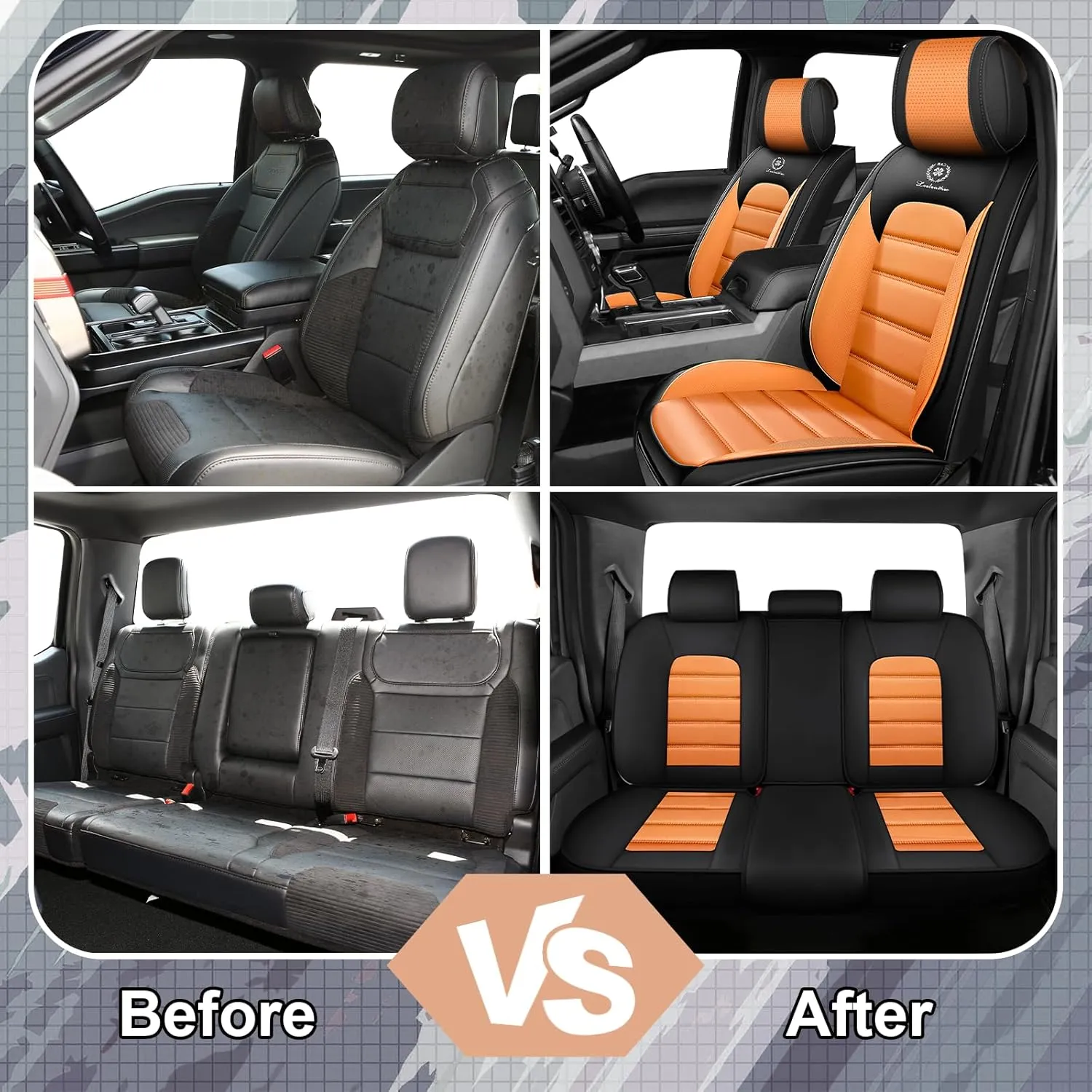 Full Set Car Seat Covers for Chevy Silverado 1500/2500/3500 LT WT LTZ RST Custom Trail High Country Seat Covers 2008-2025, Leather Seat Protectors(Standard 5 Seats/Black&Orange)