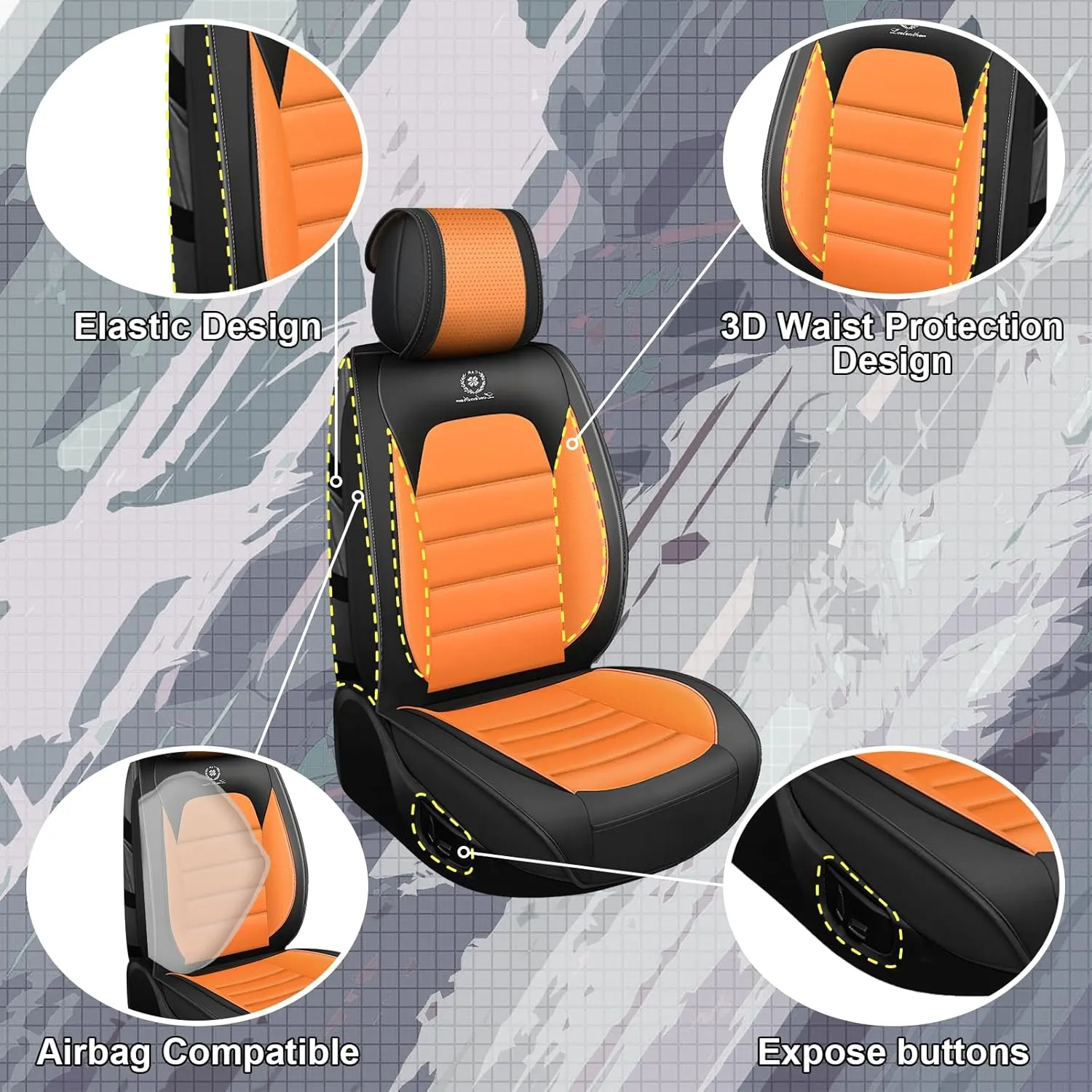 Full Set Car Seat Covers for Chevy Silverado 1500/2500/3500 LT WT LTZ RST Custom Trail High Country Seat Covers 2008-2025, Leather Seat Protectors(Standard 5 Seats/Black&Orange)