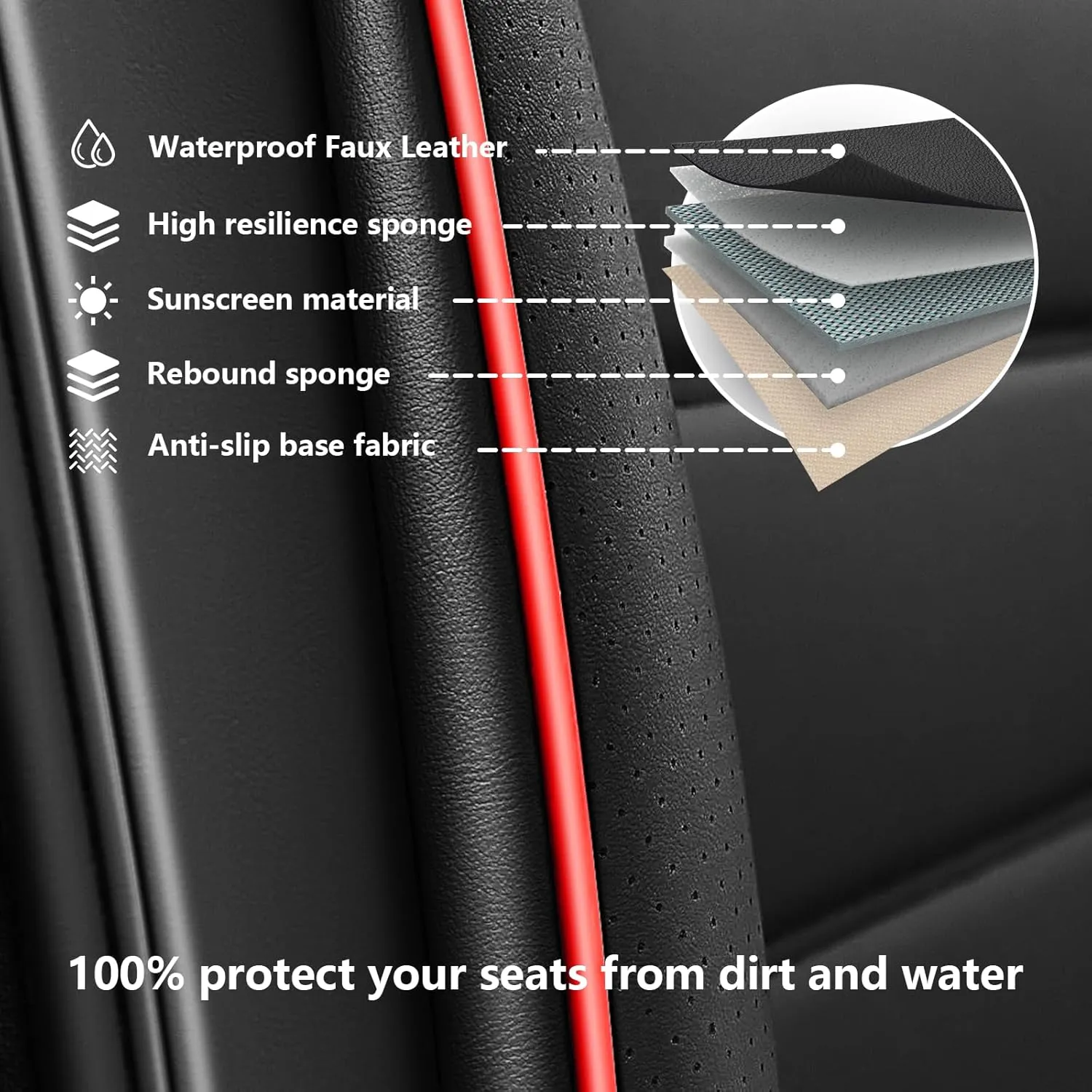 Full Set Car Seat Covers for Chevy Silverado 1500/2500/3500 LT WT LTZ RST Custom Trail High Country Seat Covers 2008-2025, Leather Seat Protectors(Standard 5 Seats/Black&Red)